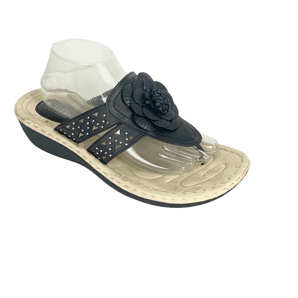 Cliffs by White Mountain Cynthia Black Floral‎ Rhinestone Wedge Sandals 11M